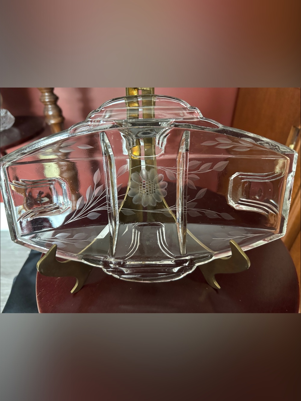 Vintage Etched Glass Cornflower Design Relish Dish with Handles